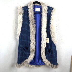 Vintage Penny Lane Vest Womens XL Blue Plaid Mohair Fur Trim Boho Delores  NEW